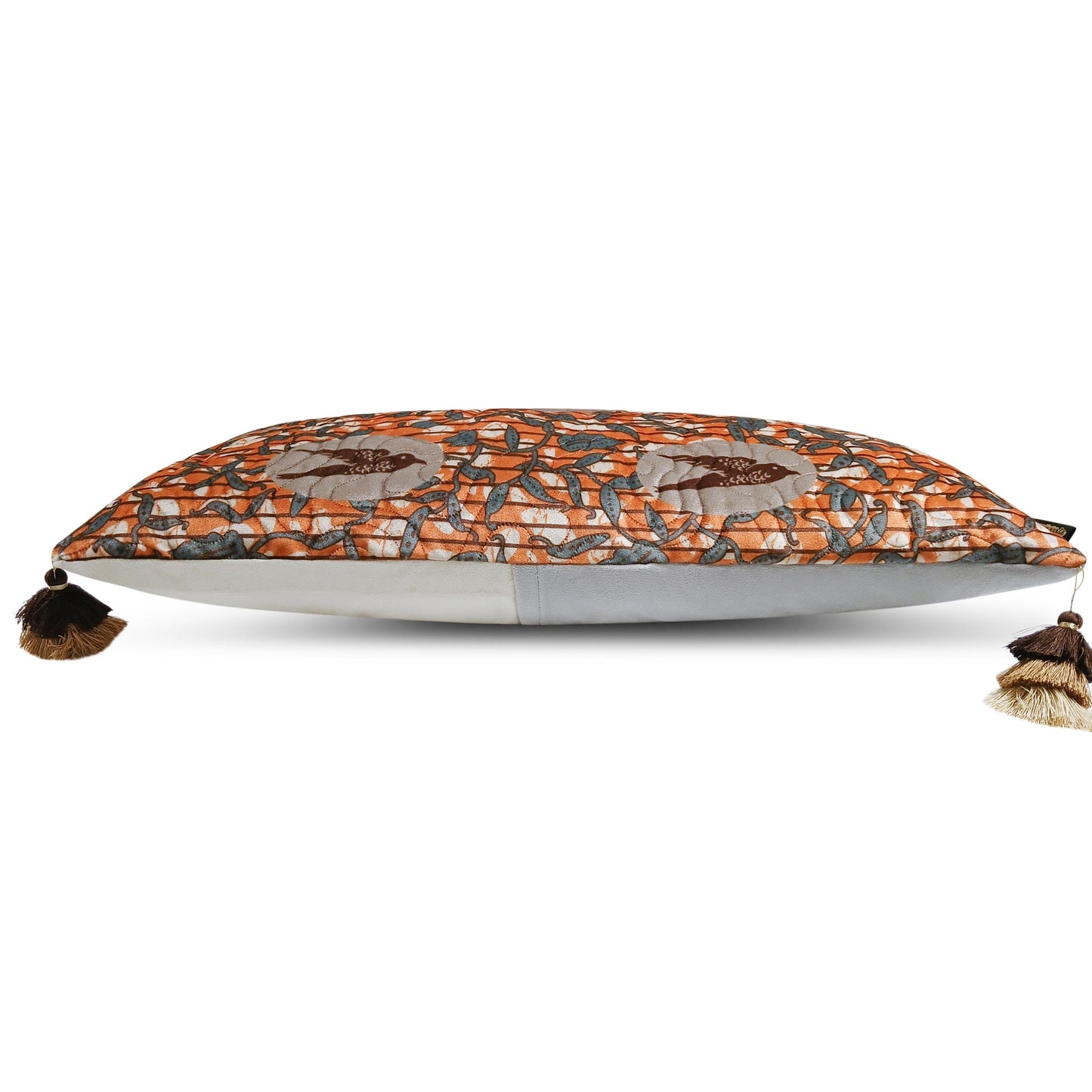 Quilted Velvet Lumbar Pillow Cover - Rust Birds