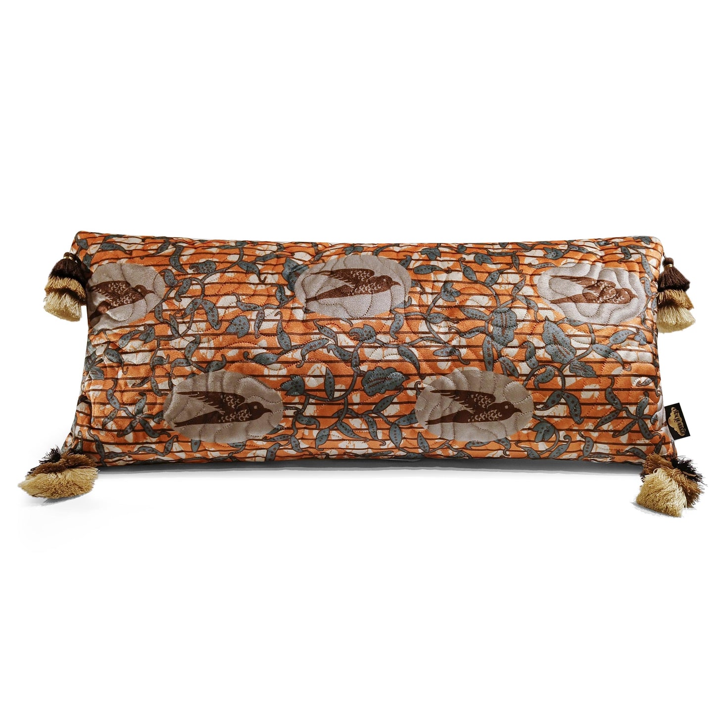 Quilted Velvet Lumbar Pillow Cover - Rust Birds